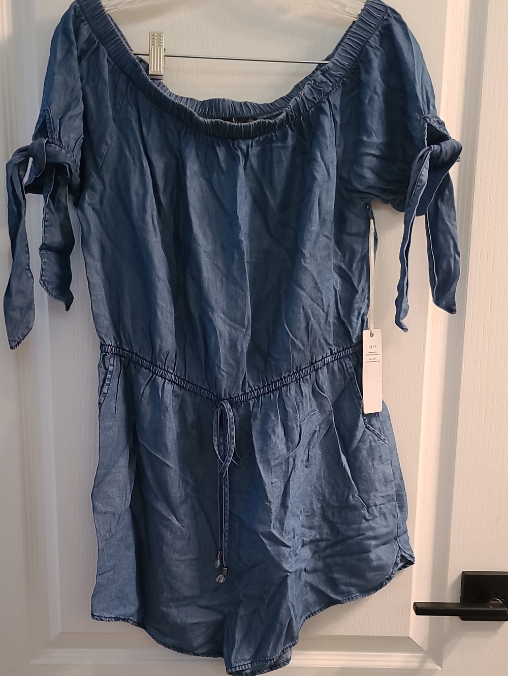 Womens Iris Denim-Blue Off-Shoulder Tie-Sleeve Romper NWT.